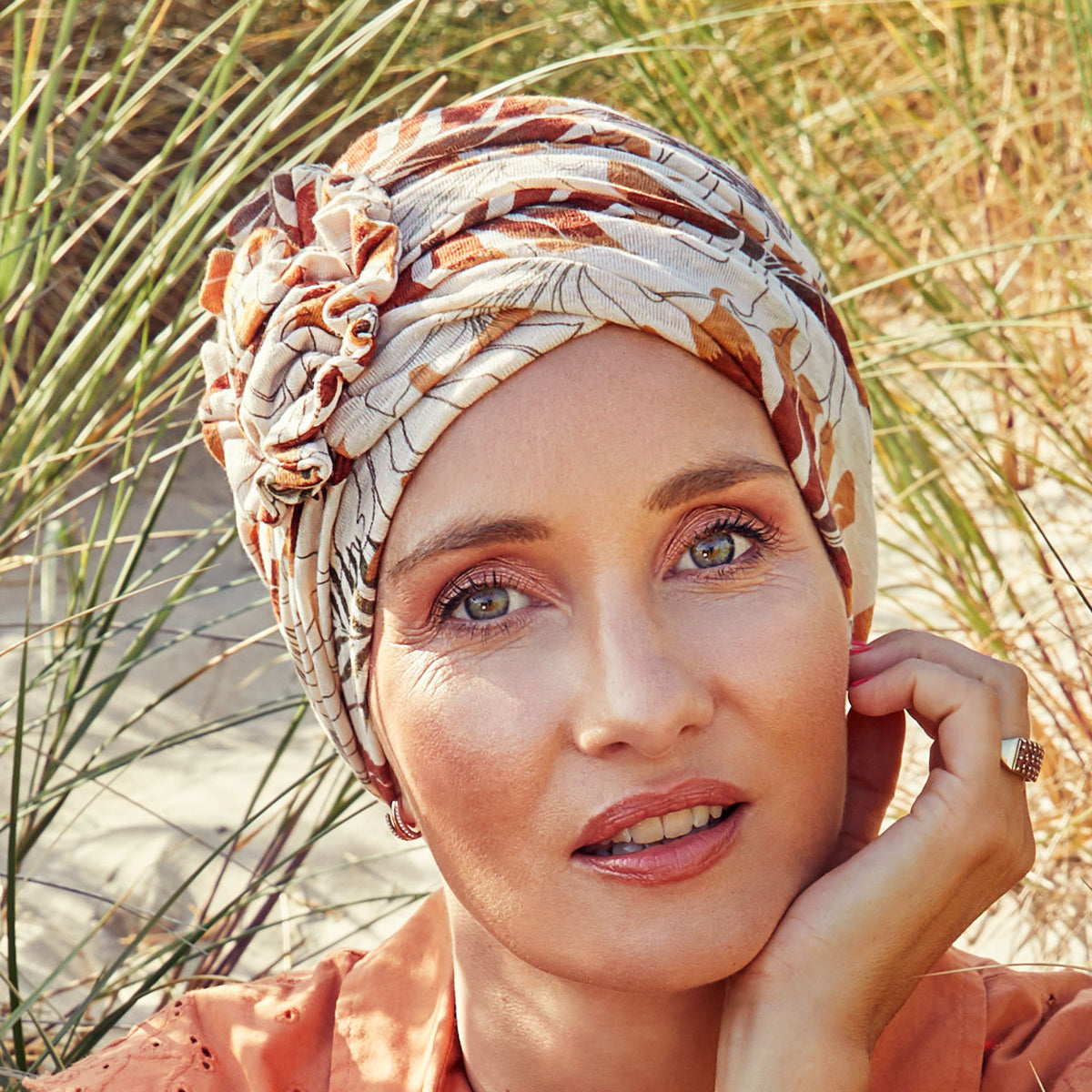 HocLotus Turban - Printed 0754 (Linen) Beige Leafs