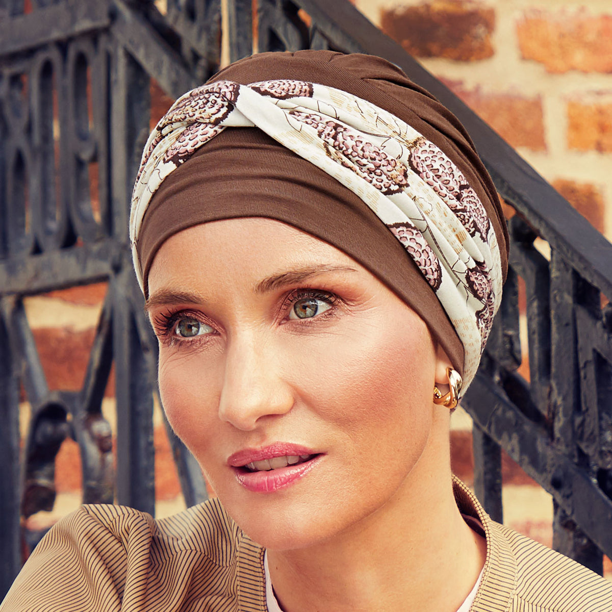 HocShakti Turban - with Printed Headband 0771 Dark Brown with Blooming Pinks