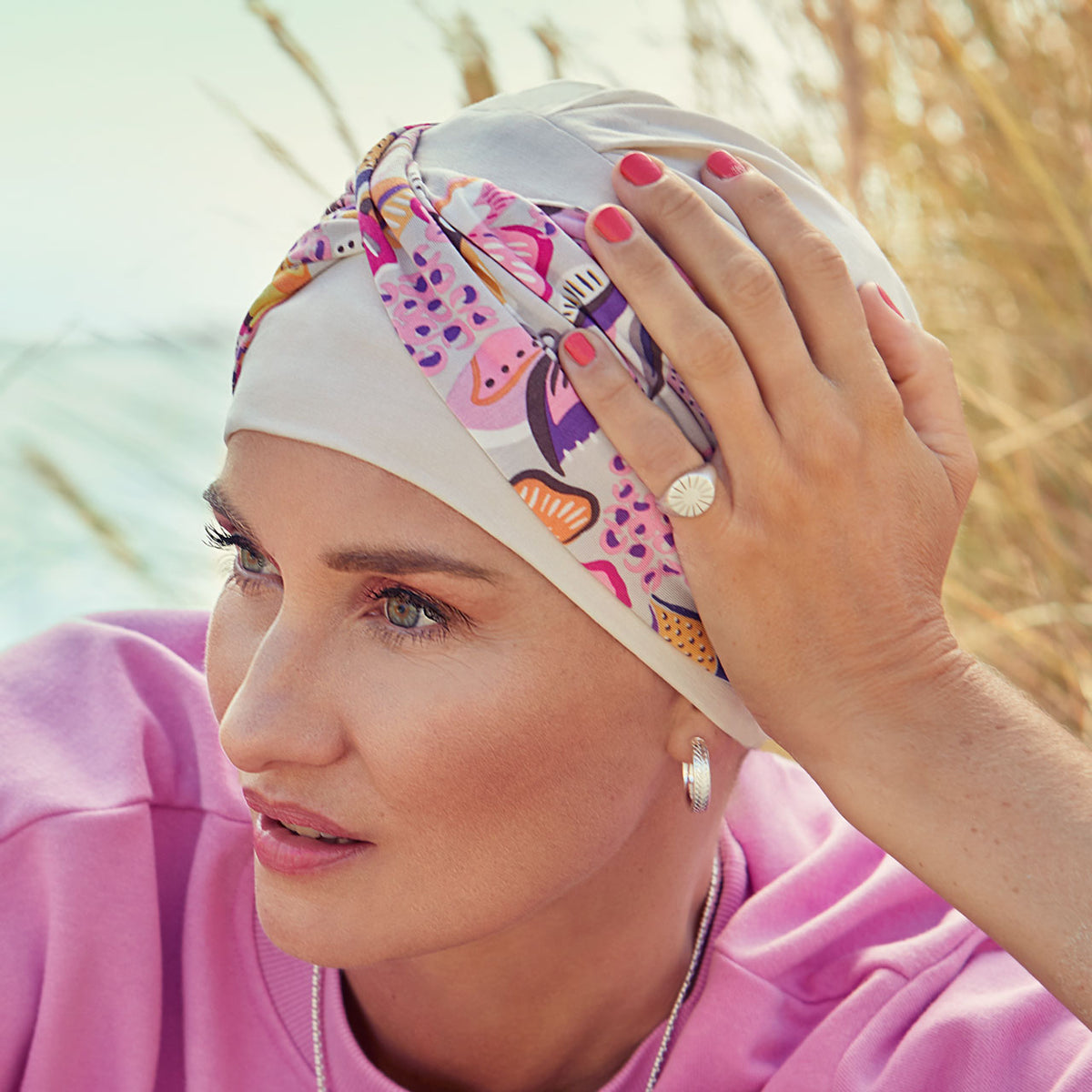 HocShakti Turban - with Printed Headband 0772 Cement with Bright Flower