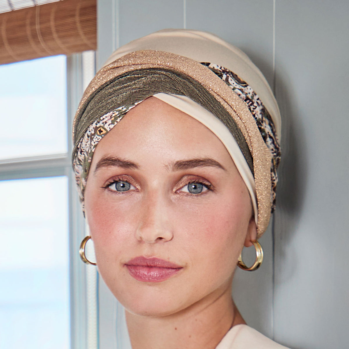 HocShakti Turban - with Printed Headband 4090 Wheat Beige w/Romance