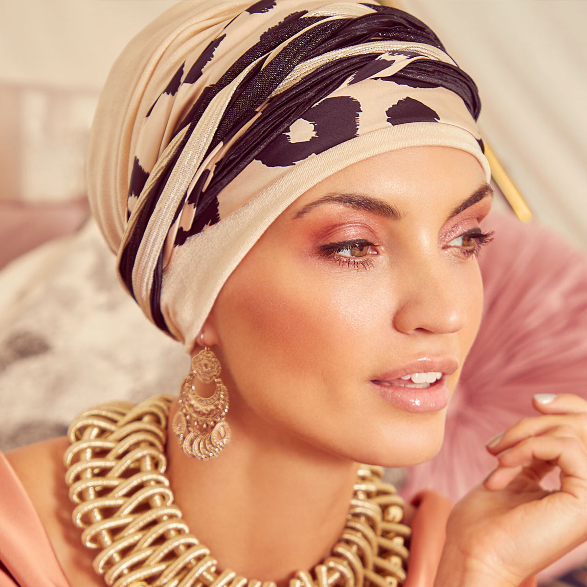 HocScarlett Turban Set - Printed 0788 Cream &amp; Black Leo Mix